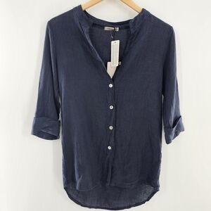 Lungo L'arno 3/4 Sleeve 100% Linen Navy Button Up Womens Size Small